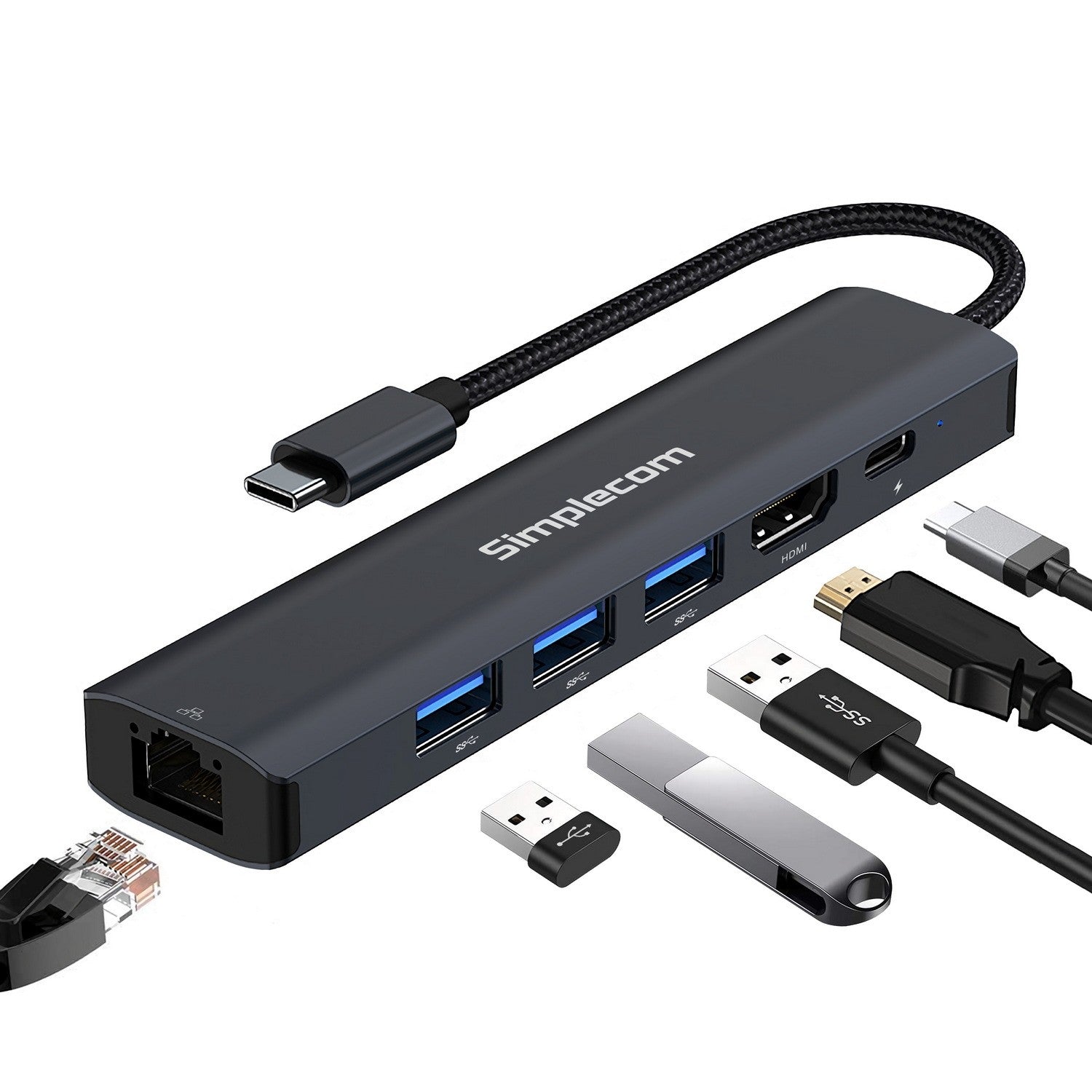 Simplecom 6 in 1 USB-C Hub Adapter HDMI RJ45 Gigabit