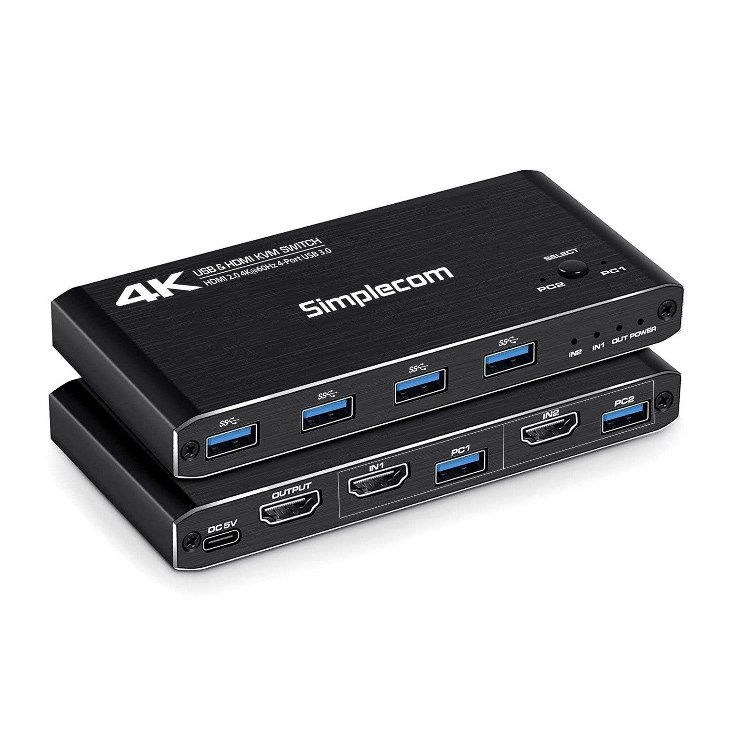 Simplecom 2-Port HDMI KVM Switch HDMI 2.0 4K 4-Port USB 3.0 Hub