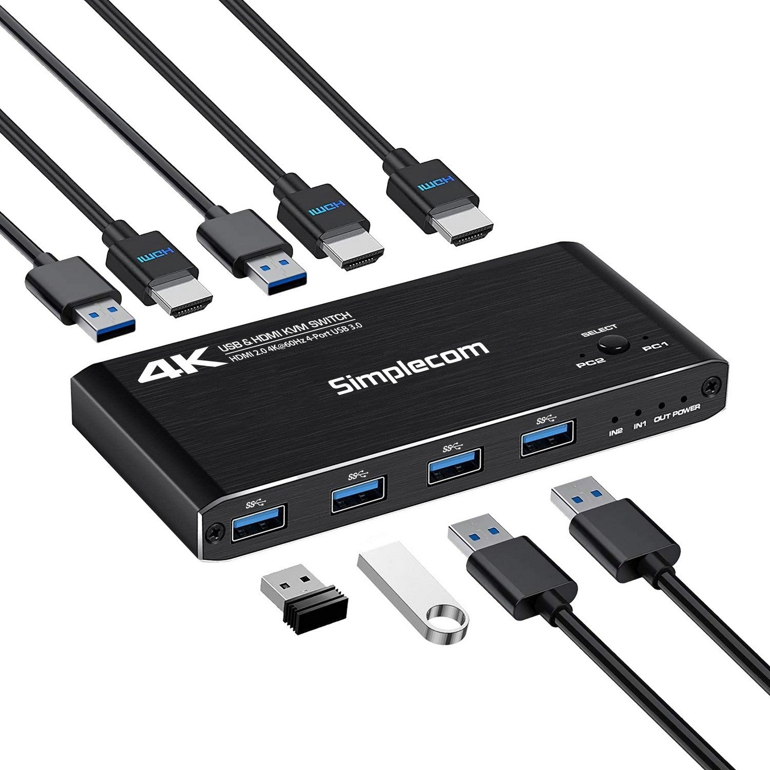 Simplecom 2-Port HDMI KVM Switch HDMI 2.0 4K 4-Port USB 3.0 Hub